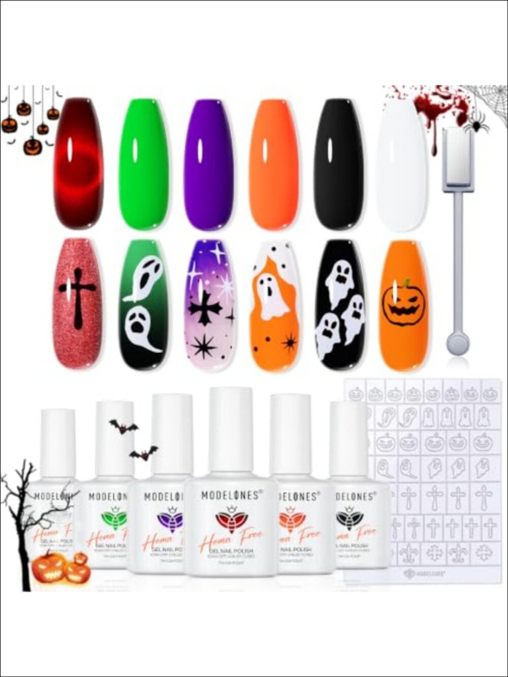 Halloween Gel Nail Polish Set with Magnet & Stickers Hema-Free